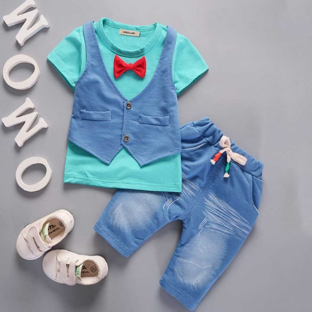 Boys T-shirt with Attached Waistcoat & Denims Set Sets Blue 1-2 Y 