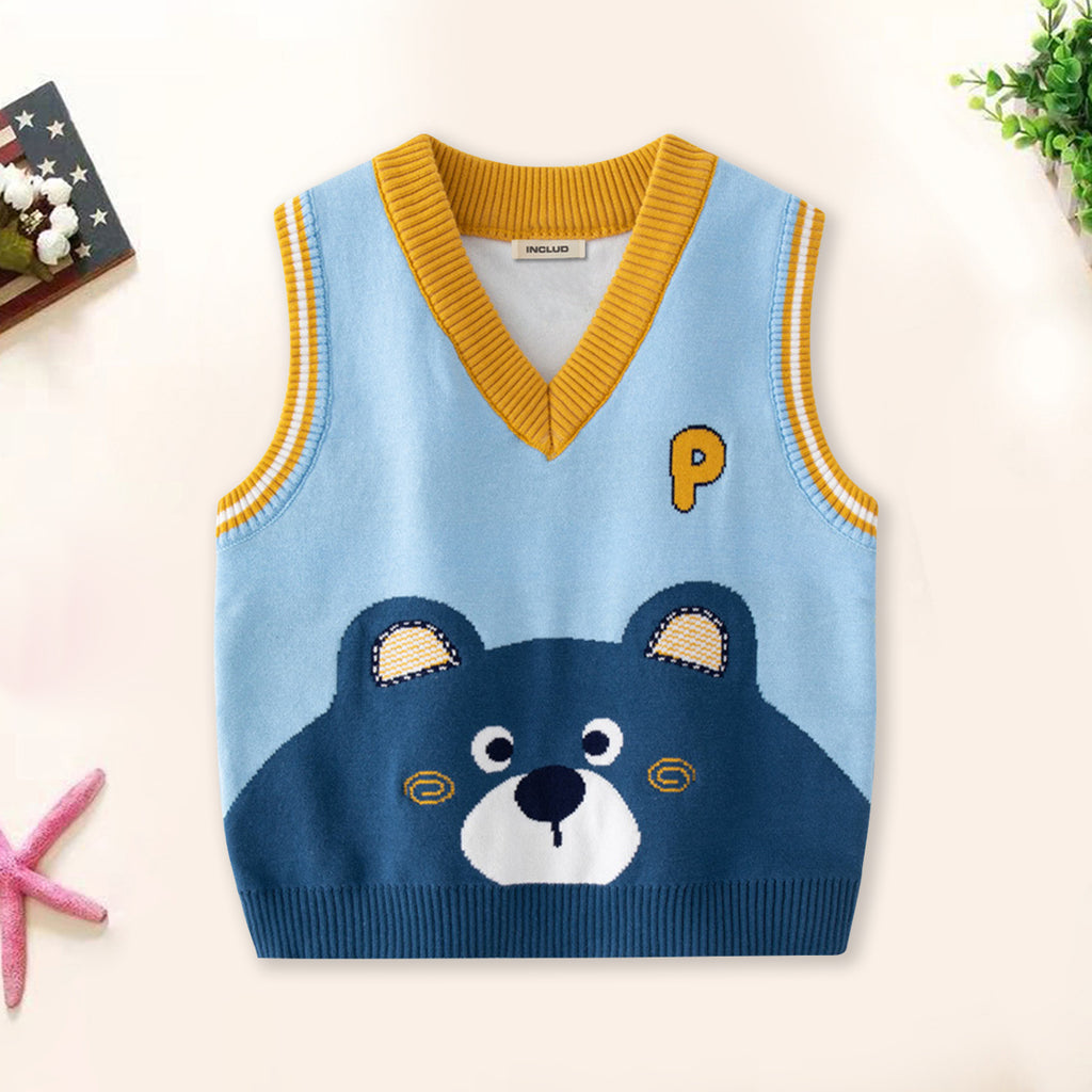 Boys Blue Sweater Vest With Self-Design Teddy Patterns Sweaters & Cardigans Blue 2-3 Y