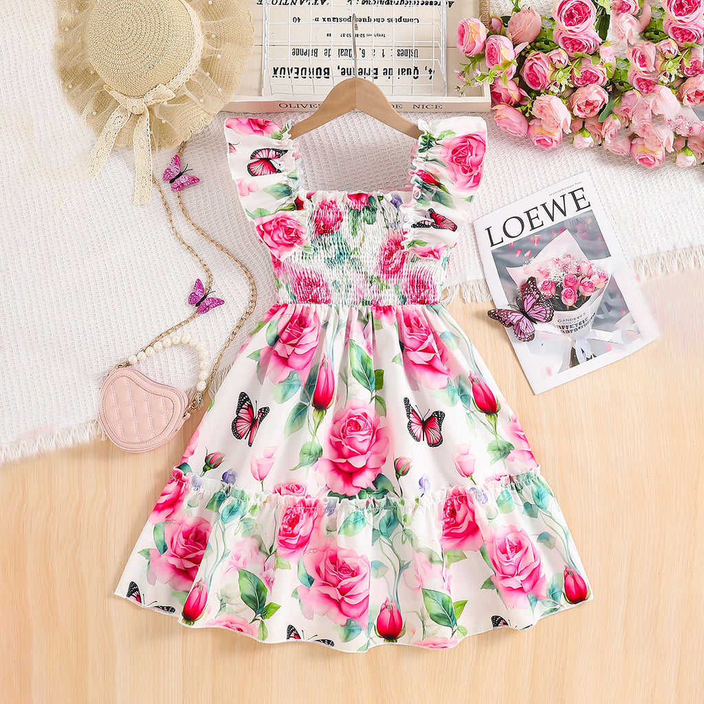 Girls White Rose Flowers Printed Square Neck Fit & Flare Smocked Dress Casual Dresses