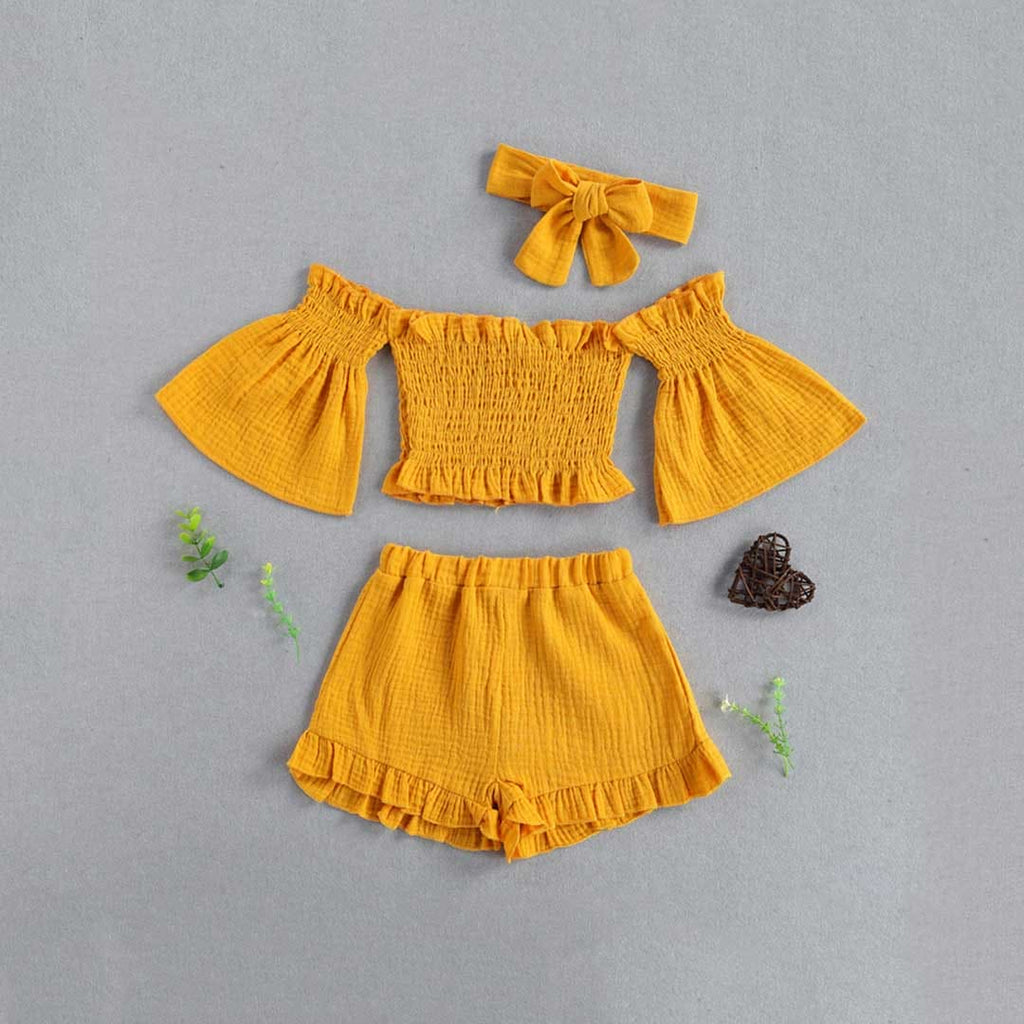 Girls Off Shoulder Top With Shorts & Headband Set Sets