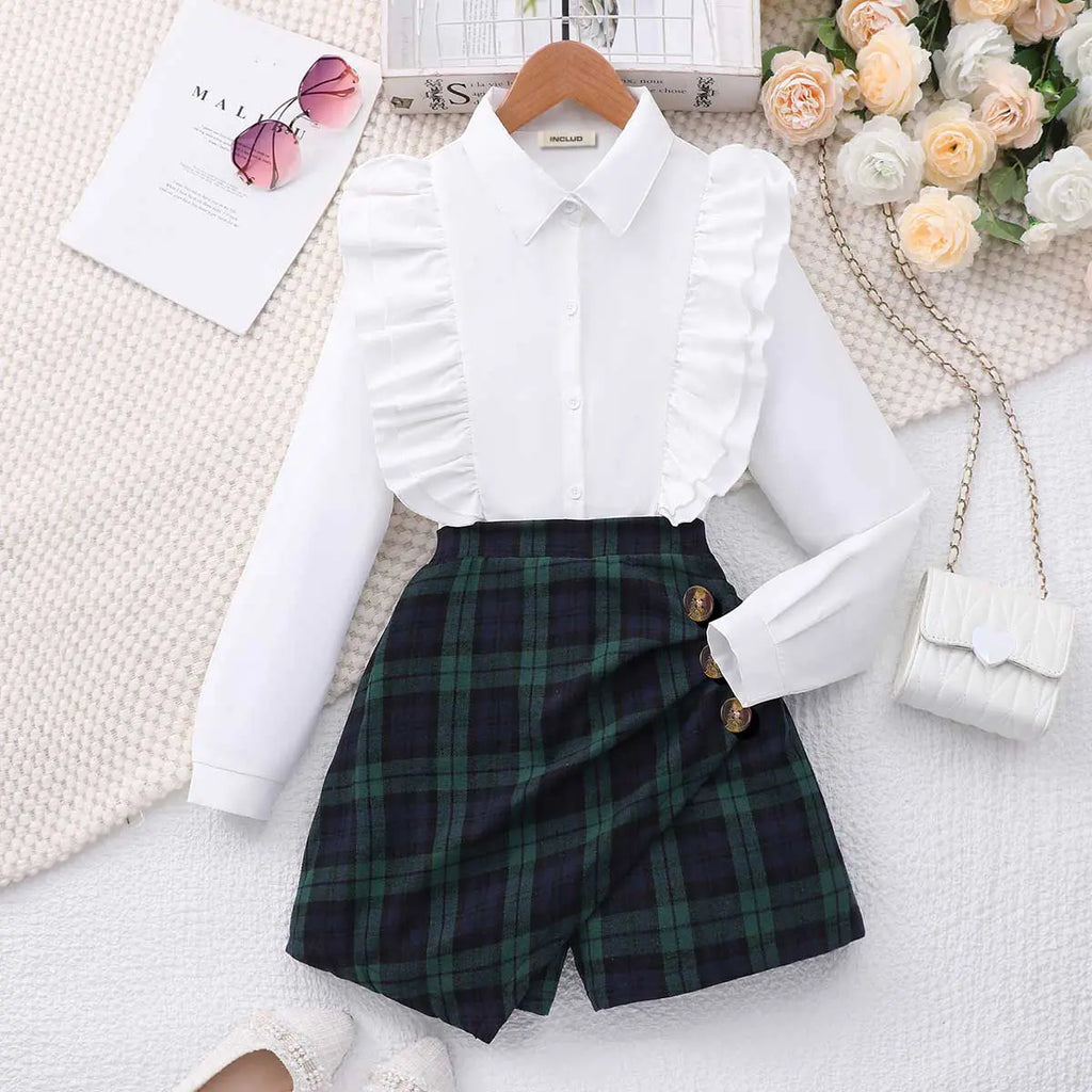 Girls White Long Sleeve Shirt With Checked Shorts Sets 2 pc. Sets White 12-13 Y