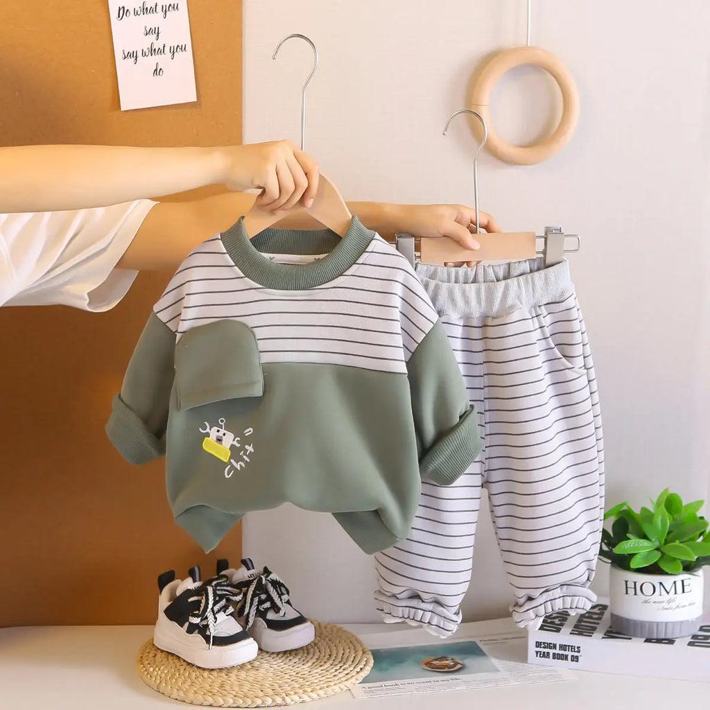 Boys Green Stripes Sweatshirt With Jogger Sets Sets Green 1-2 Y