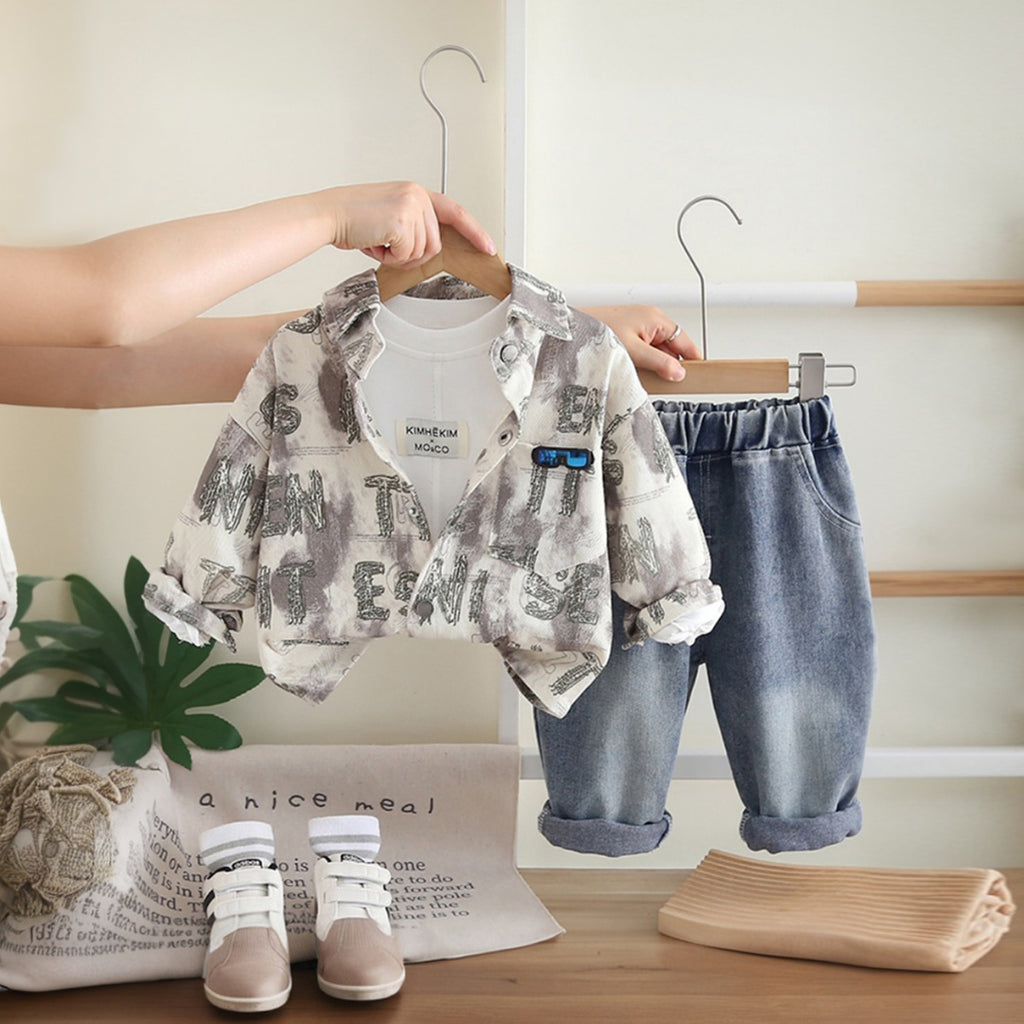 Boys Light Grey Typographic Shirt With T-Shirt And Denim Trousers Sets 3 pc. Sets Light Grey 1-2 Y