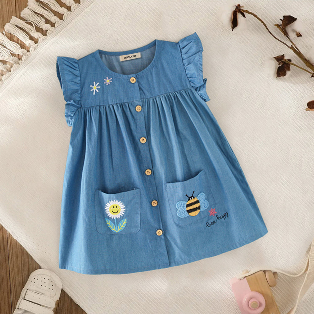 Girls Embroidered Denim Casual Dress Casual Dresses Blue 1-2 Y 