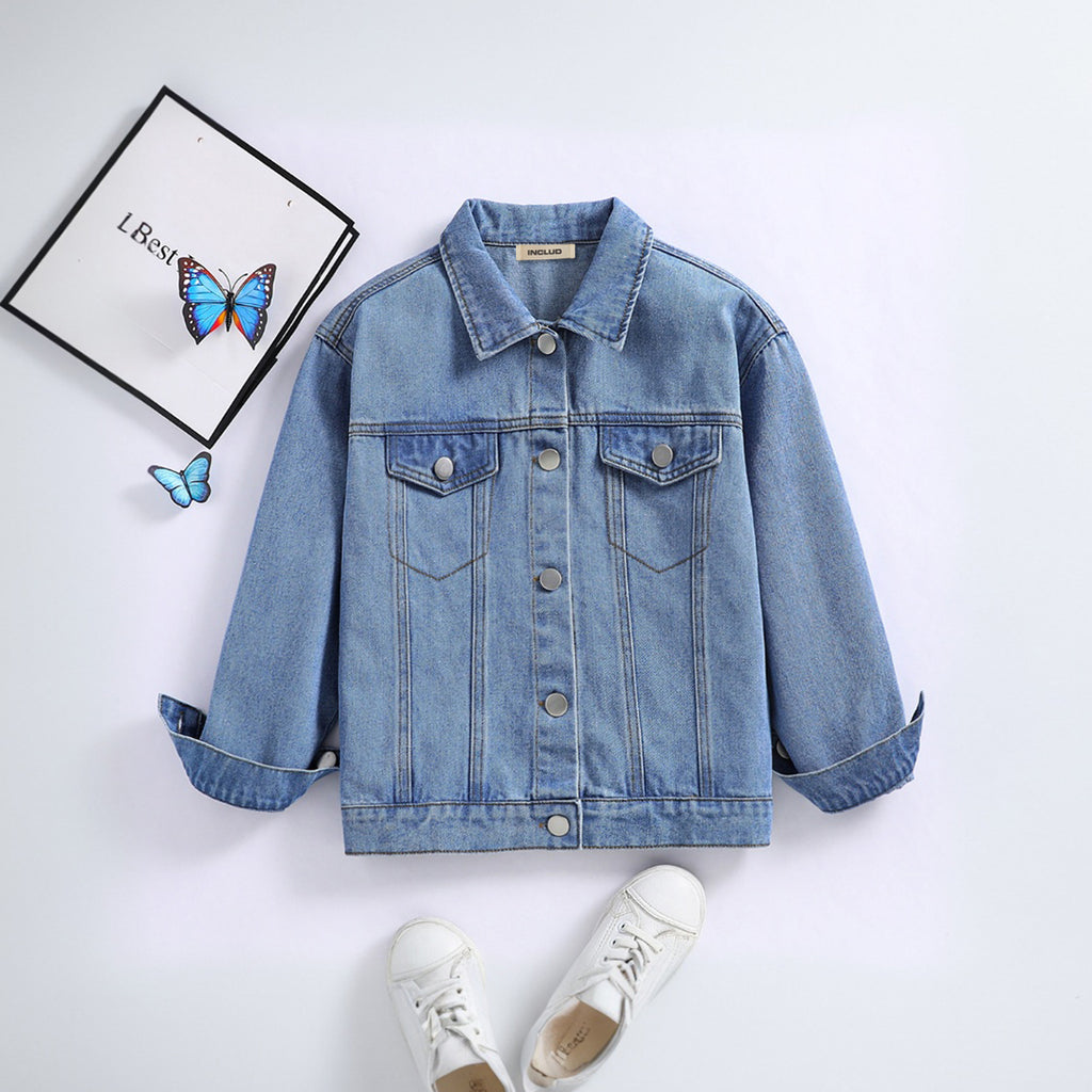 Girls Blue Butterfly Printed At Back Denim Jacket Coats & Jackets Blue 8-9 Y