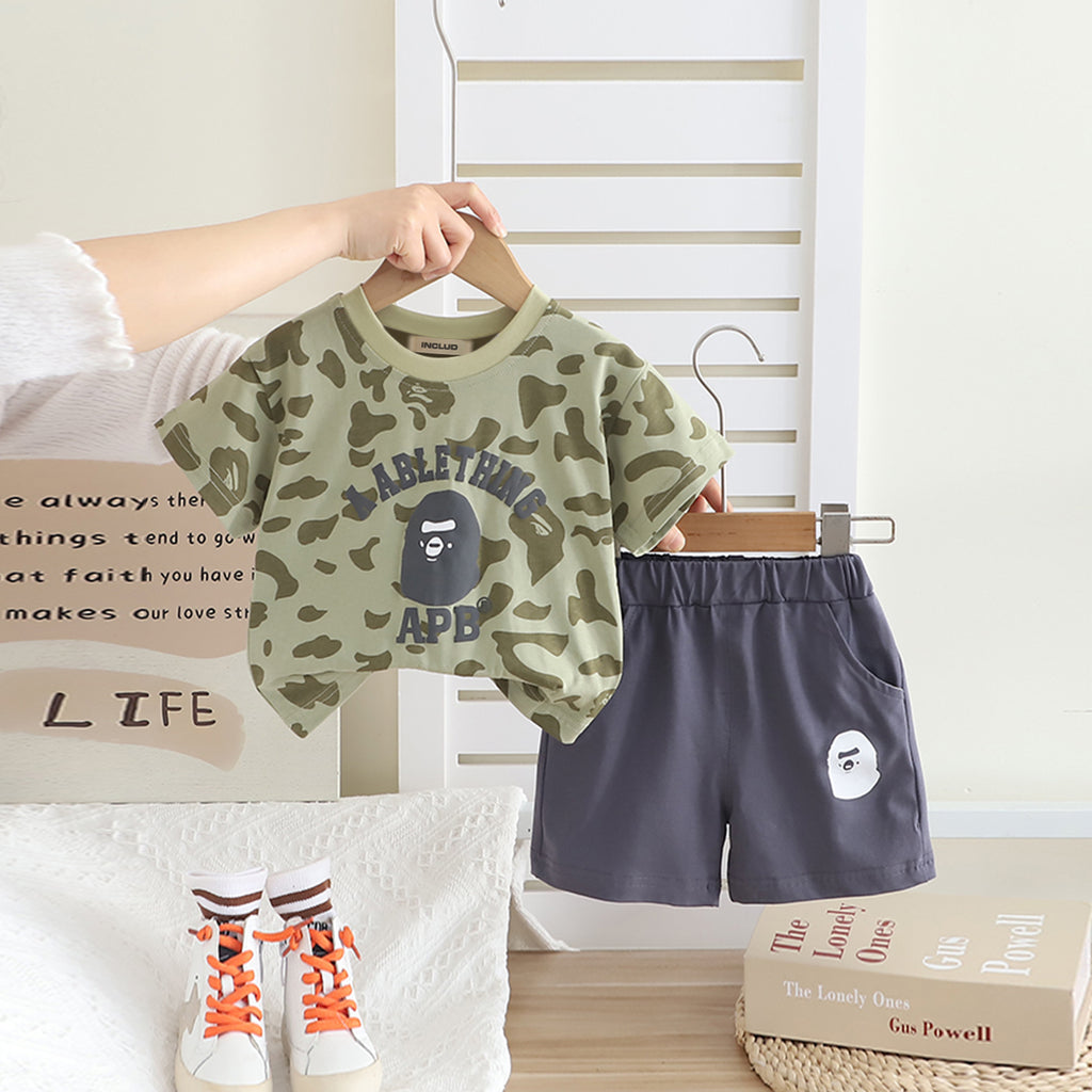 Boys Green Abstract Printed Short Sleeves T-shirt With Shorts Set 2 pc. Sets Green 1-2 Y