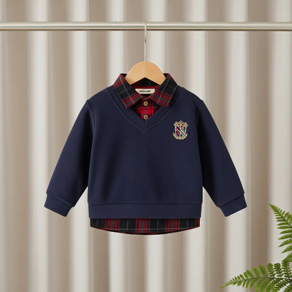 Boys Navy Blue Faux Layered V-Neck Plaid Collared Sweater Sweaters & Cardigans Navy Blue 1-2 Y