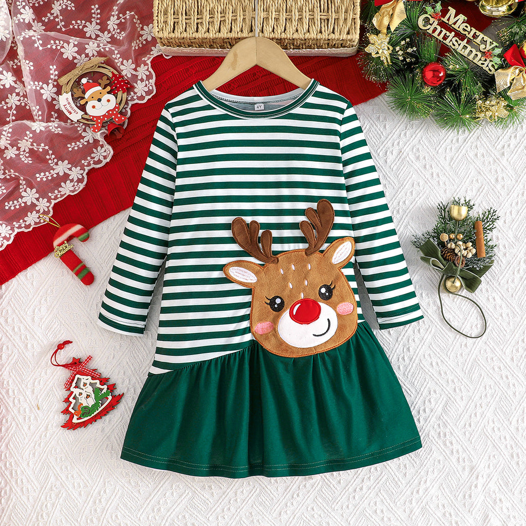 Girls Green Stripes Drop-Waist Dress With Reindeer Face applique Casual Dresses Green 2-3 Y