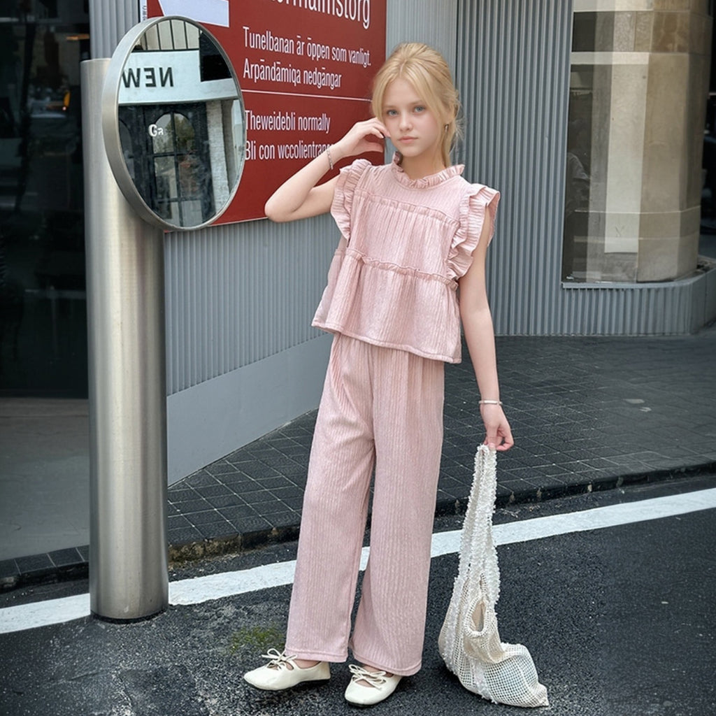 Girls Pink Textured Summer Top With Pants Sets 2 pc. Sets Pink 5-6 Y