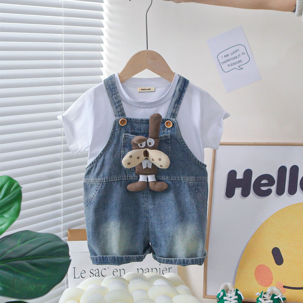 Boys White Short Sleeves T-Shirt With Rabbit Applique Denim Dungaree Set 2 pc. Sets White 1-2 Y