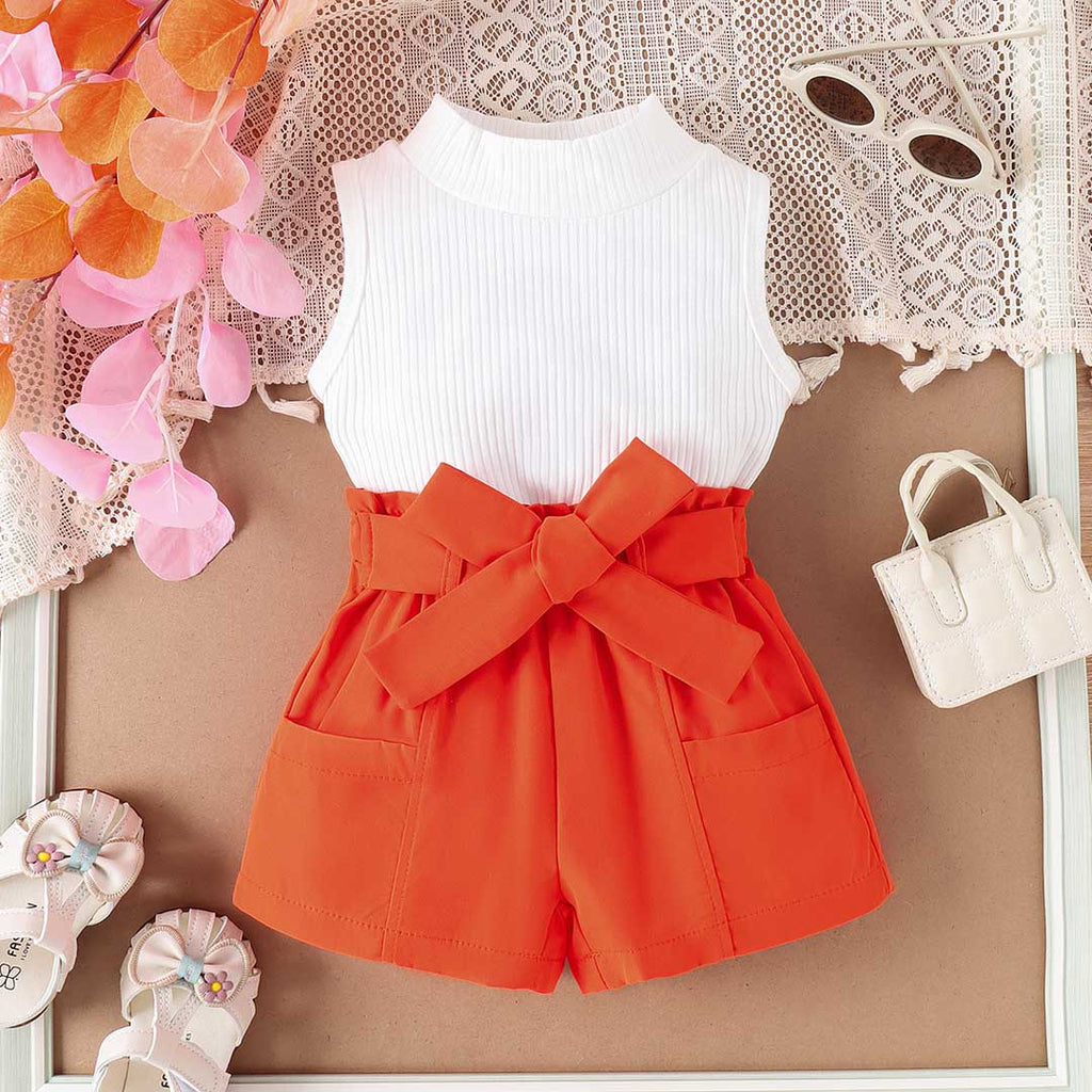 Girls Sleeveless Top With Shorts & Belt 2 pc. Sets White 1-2 Y 