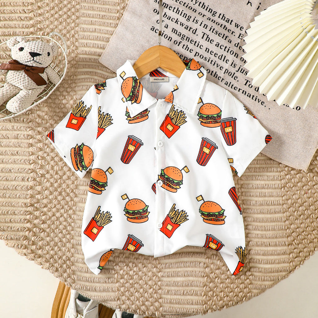 Boys White Graphic Burger Printed Short Sleeves Shirt Shirts White 3-4 Y