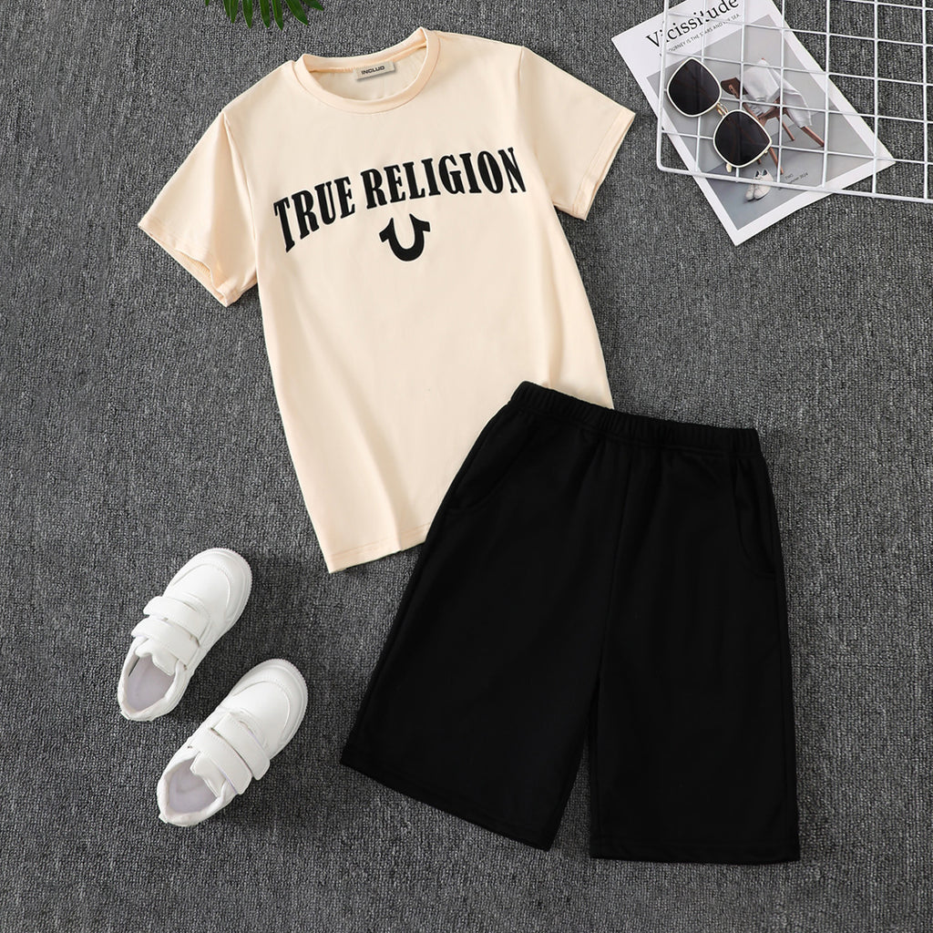 Boys Apricot Typographic Print Short Sleeves T-Shirt With Shorts Set 2 pc. Sets Apricot 7-8 Y