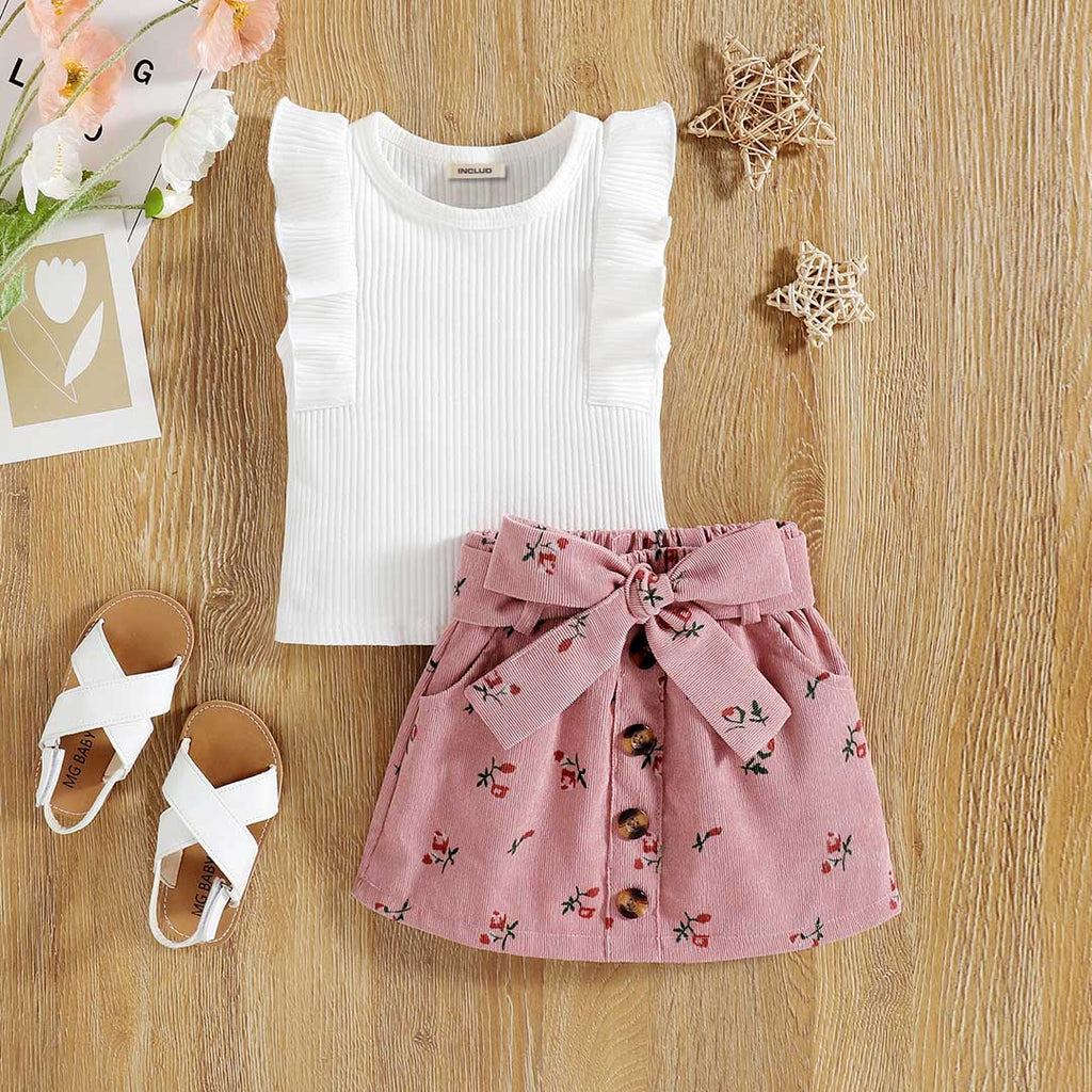 Girls Flared Sleeve Knitted Top With Floral Printed Corduroy Skirt Set Sets Pink 1-2 Y 