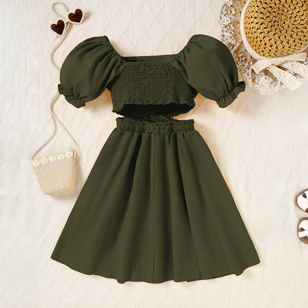 Girls Army Green Square Neck Short Sleeve Cross Waist Dress Casual Dresses Army Green 12-13 Y