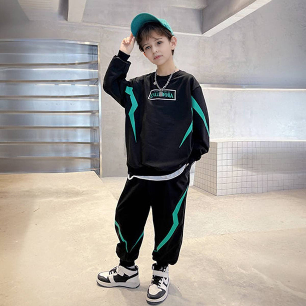 Boys Black Typographic Printed Winter Sweatshirt With Jogger Set 2 pc. Sets