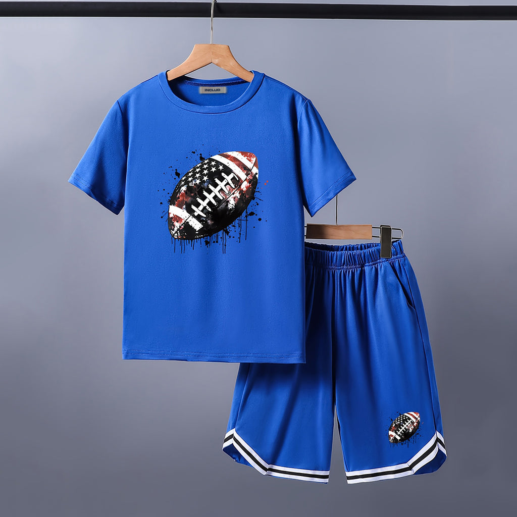 Boys Blue Rugby Ball Graphic Short Sleeve T-Shirt With Shorts Set 2 pc. Sets Blue 5-6 Y