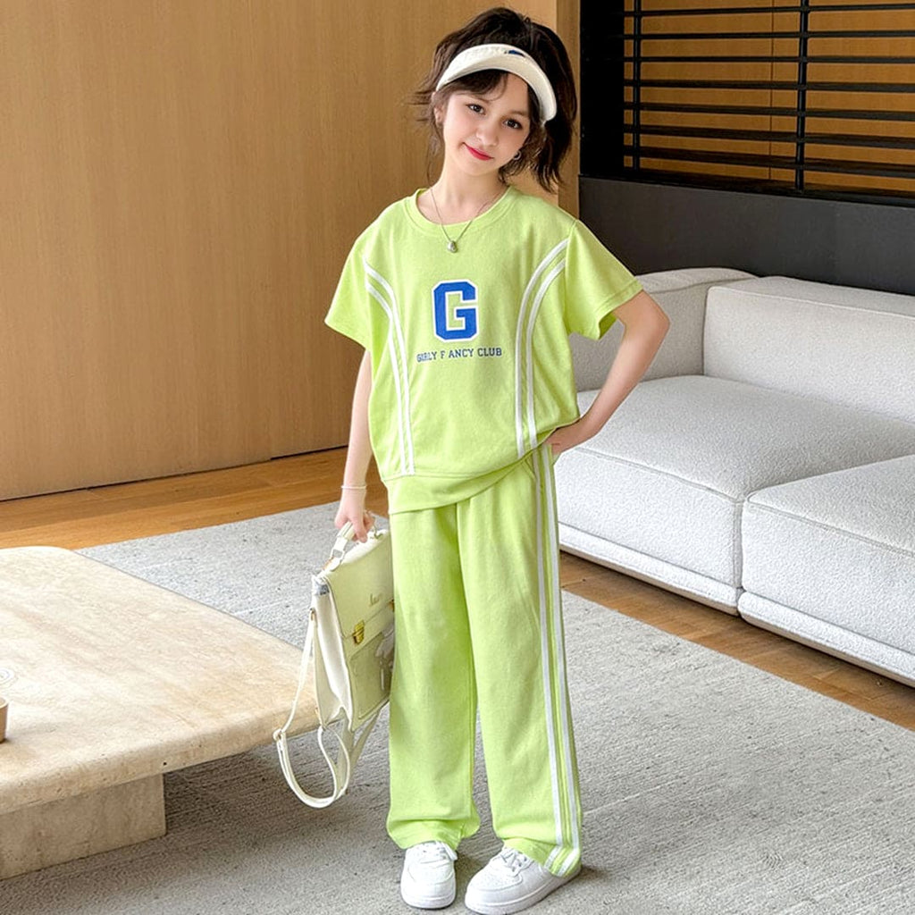 Girls Green Short Sleeve Graphic T-Shirt With Knitted Trouser Sets