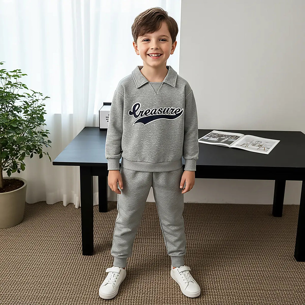 Boys Grey Typographic Printed Polo Sweatshirt With Jogger Sets Sets Grey 1-2 Y