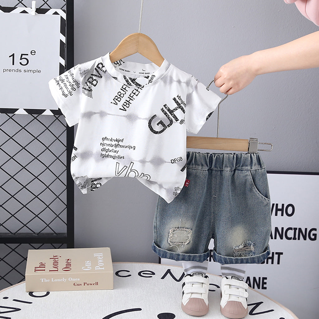 Boys White Typography Printed T-Shirt With Denim Shorts Set 2 pc. Sets White 1-2 Y