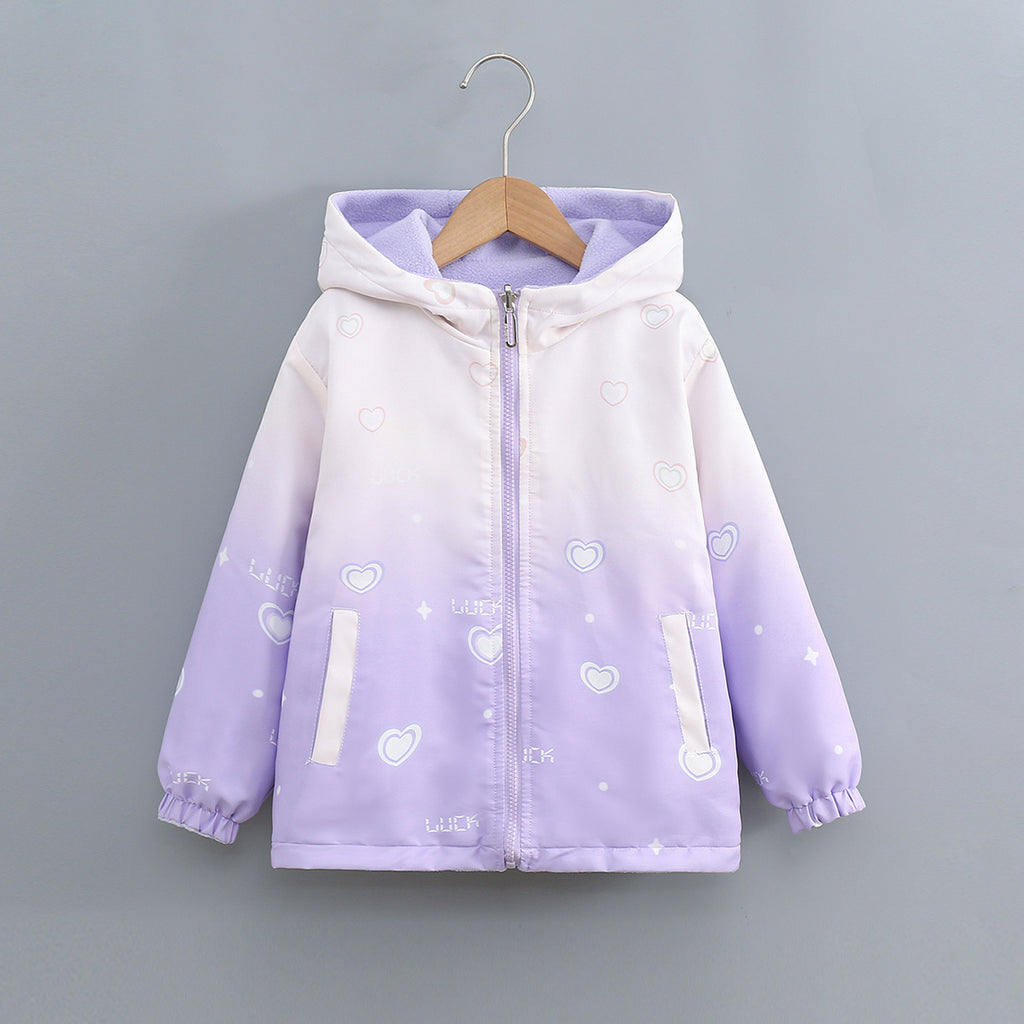 Girls Purple Heart Printed Reversible Hooded Zipper Jacket Coats & Jackets Purple 3-4 Y