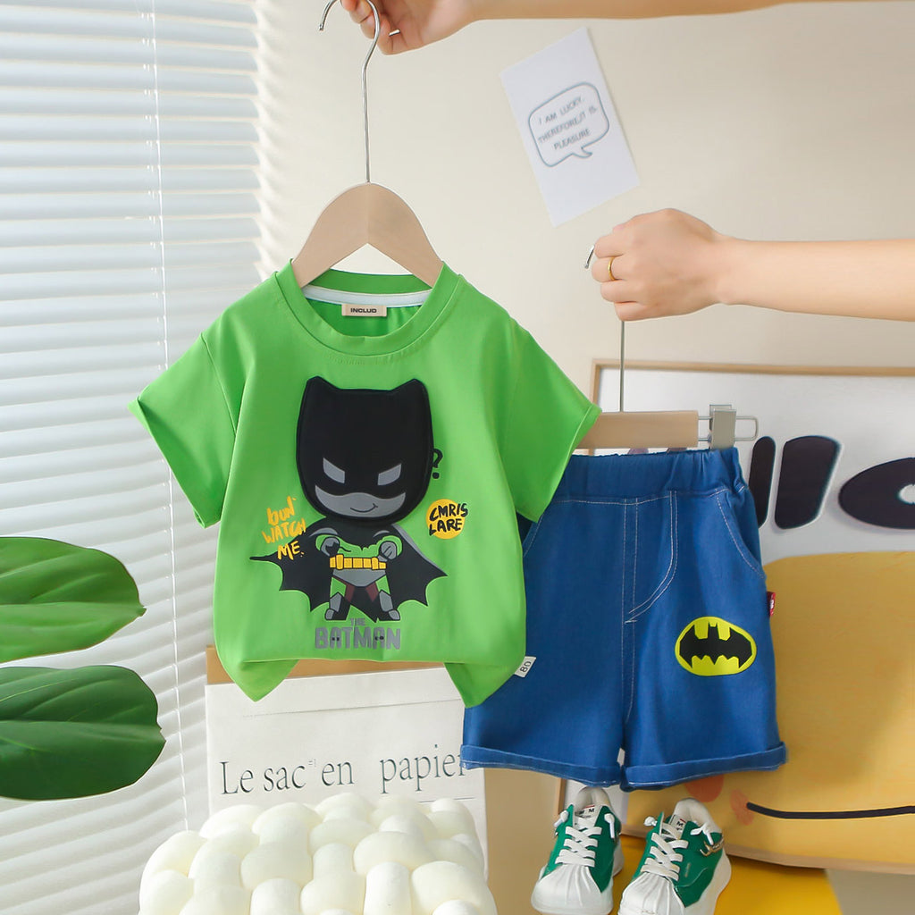Boys Green Bat Printed Short Sleeves T-Shirt With Denim Shorts Set 2 pc. Sets Green 1-2 Y