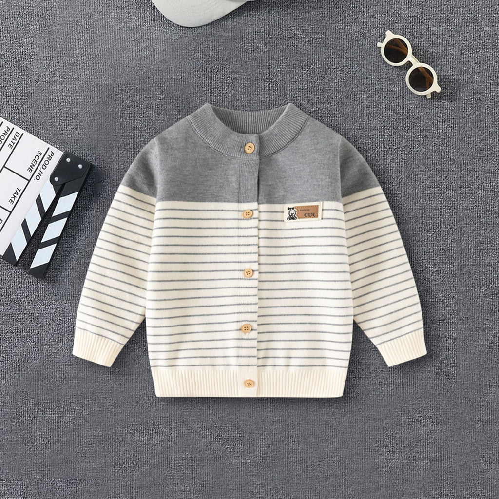 Boys Grey Cardigan With Self Design Stripe Patterns Sweaters & Cardigans Grey 2-3 Y
