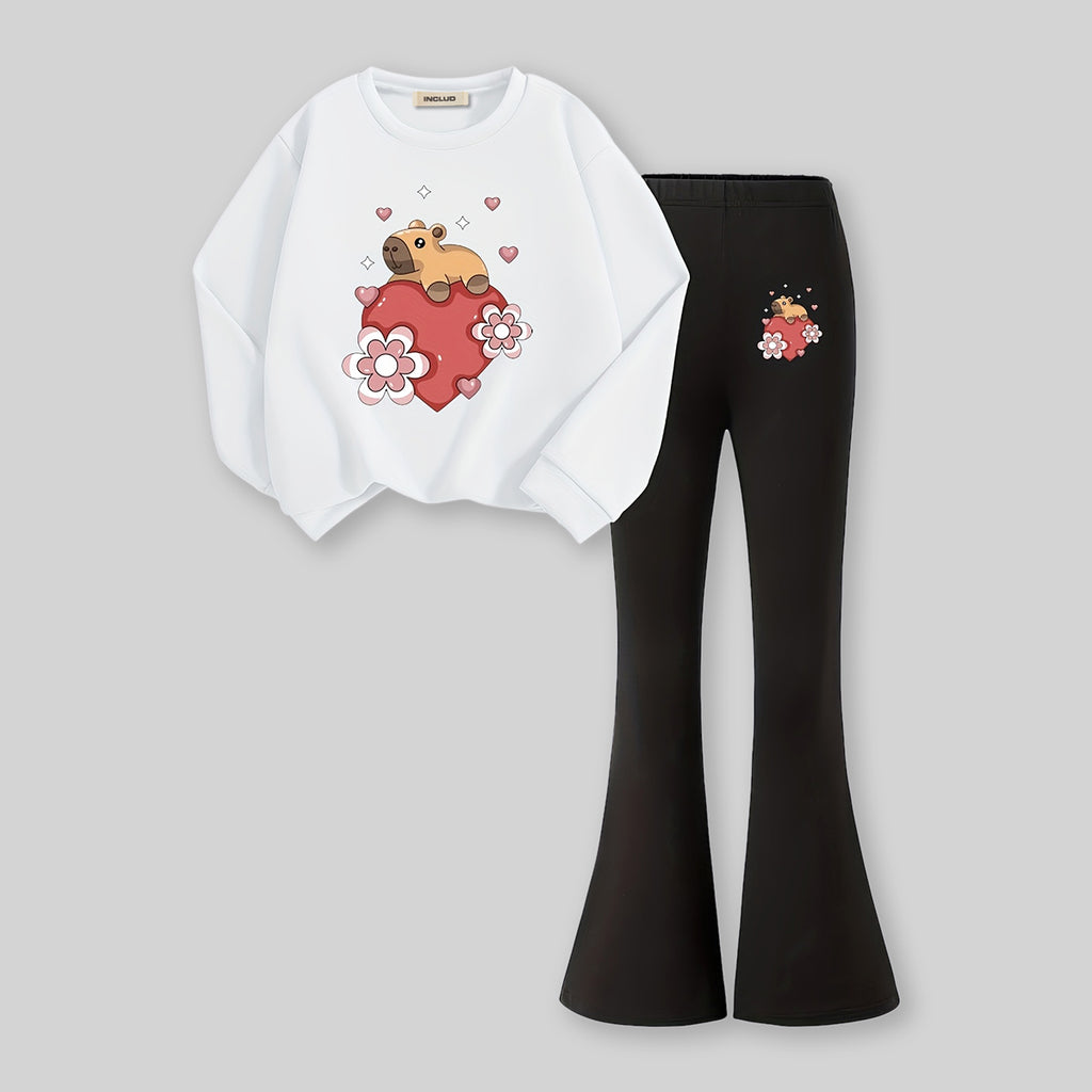 Girls White Heart Print Sweatshirt with Flared Pants Set 2 pc. Sets White 7-8 Y
