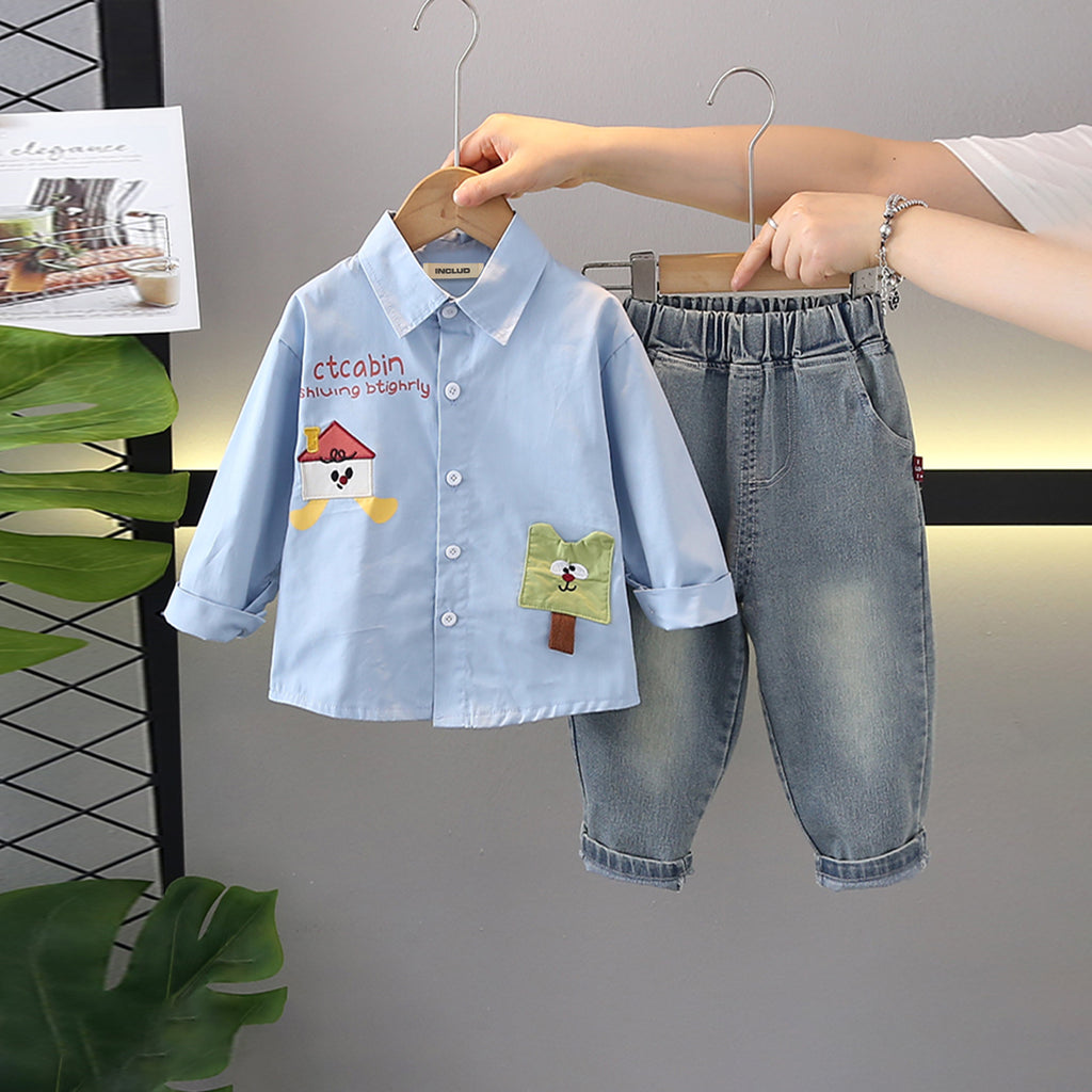 Boys Light Blue Typographic Printed Shirt With Denim Pants Set 2 pc. Sets Light Blue 1-2 Y