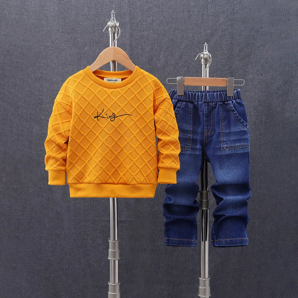 Boys Orange Self-Design Long Sleeve Sweatshirt With Denim Trouser Sets 2 pc. Sets Orange 3-4 Y