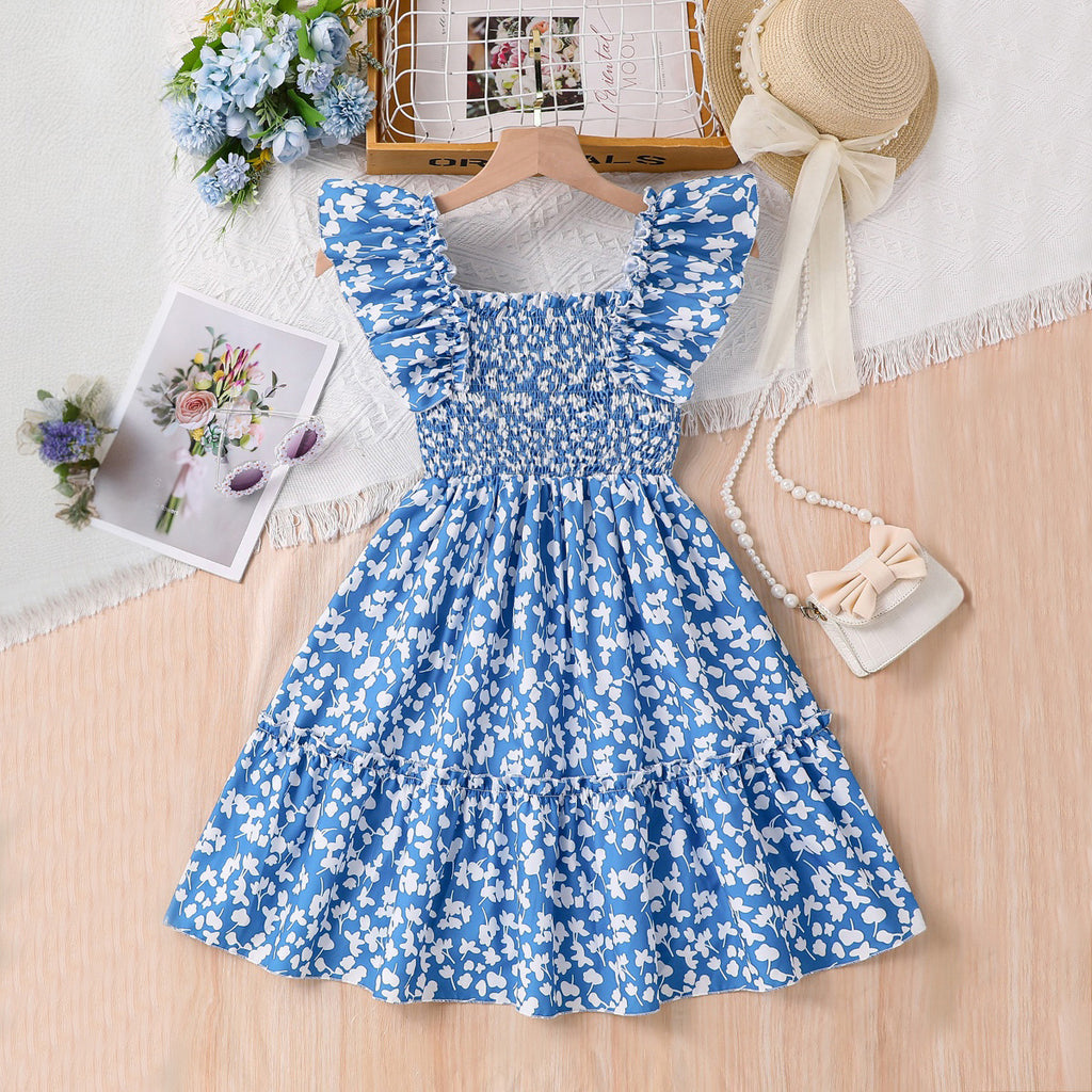 Girls Blue Floral Printed Square Neck Fit & Flare Smocked Dress Casual Dresses Blue 3-4 Y