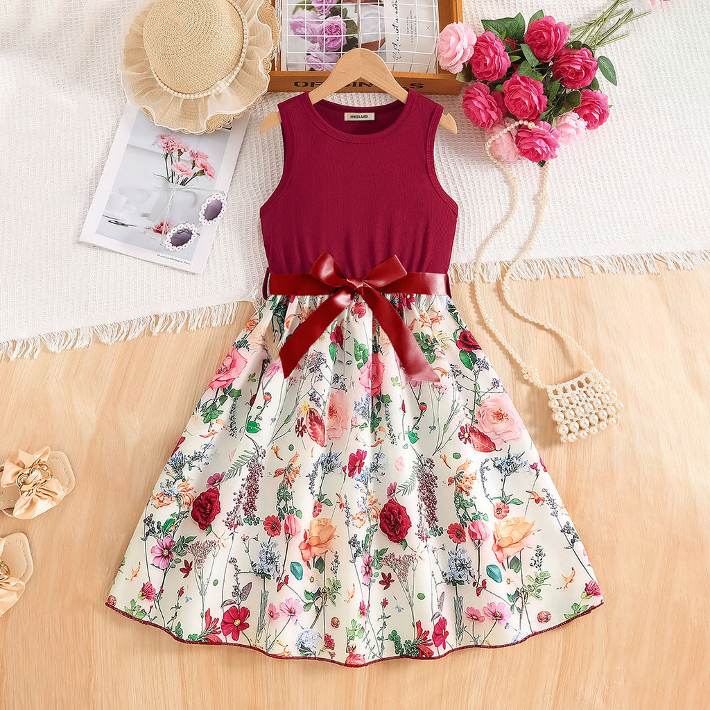Girls Maroon Floral Printed Fit And Flared Midi Casual Dress Casual Dresses