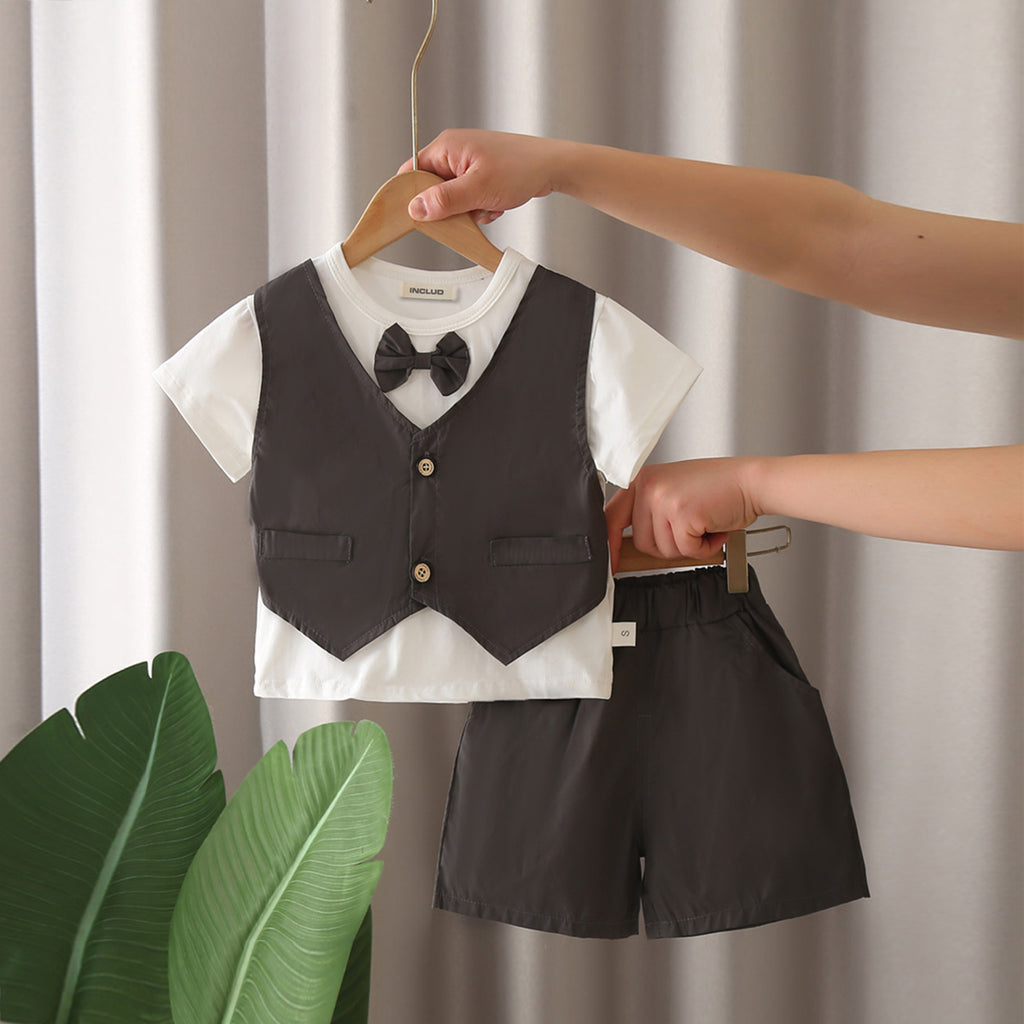 Boys Dark Grey Short Sleeves T-Shirt Attached Waistcoat With Shorts Set 2 pc. Sets Dark Grey 1-2 Y