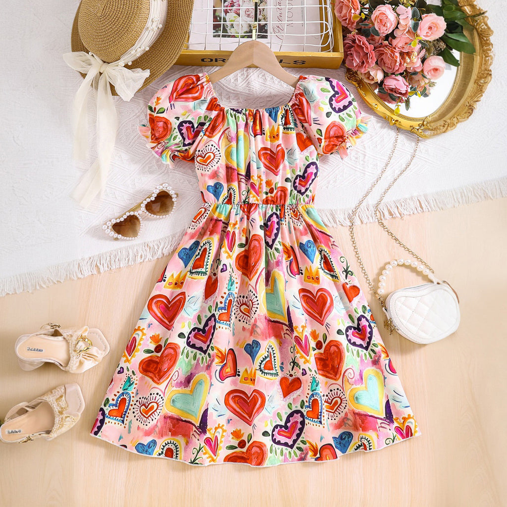 Girls Multicolored Heart Printed Scoop Neck Fit & Flare Dress Casual Dresses