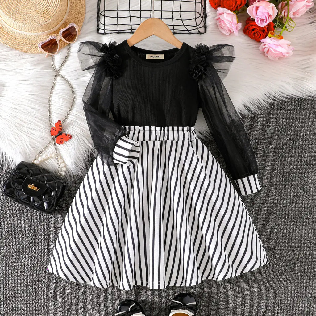 Girls Black Stripes Long Sleeves Fit & Flare Dress Casual Dresses Black 3-4 Y
