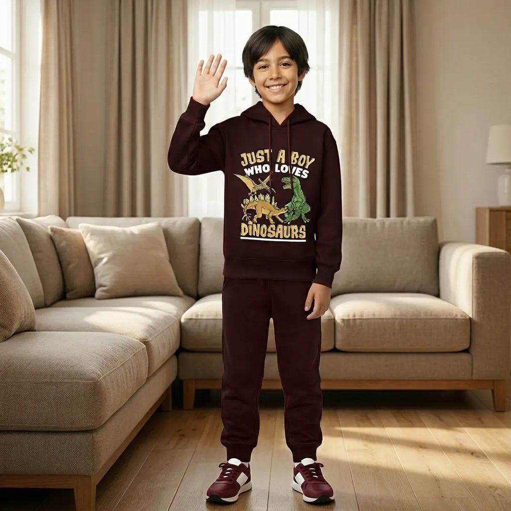 Boys Maroon Dinosaur Graphics Hoodies Sweatshirt With Joggers Sets 2 pc. Sets Maroon 1-2 Y
