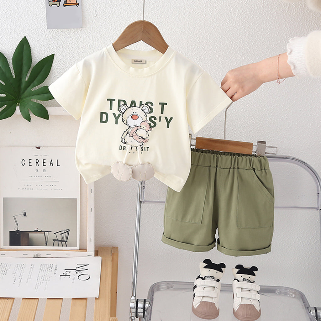 Boys Teddy Printed Short Sleeves T-Shirt With Green Shorts Set 2 pc. Sets Green 1-2 Y