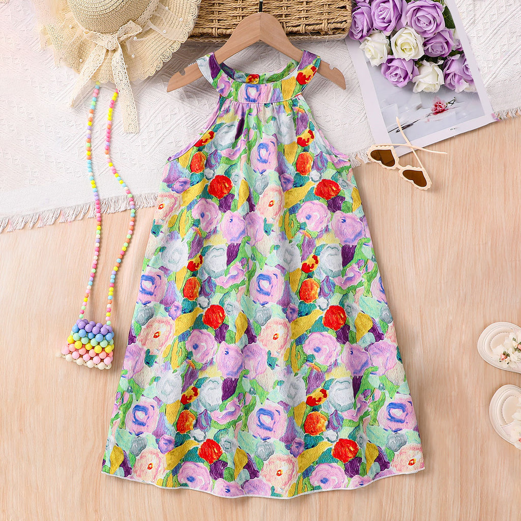 Girls Multi-color Floral Printed Halter Neck Casual Dress Casual Dresses Multicolor 3-4 Y