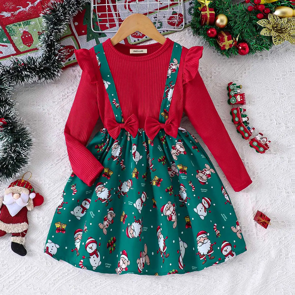 Girls Green Christmas Theme Printed Fit & Flare Dress Casual Dresses Green 3-4 Y