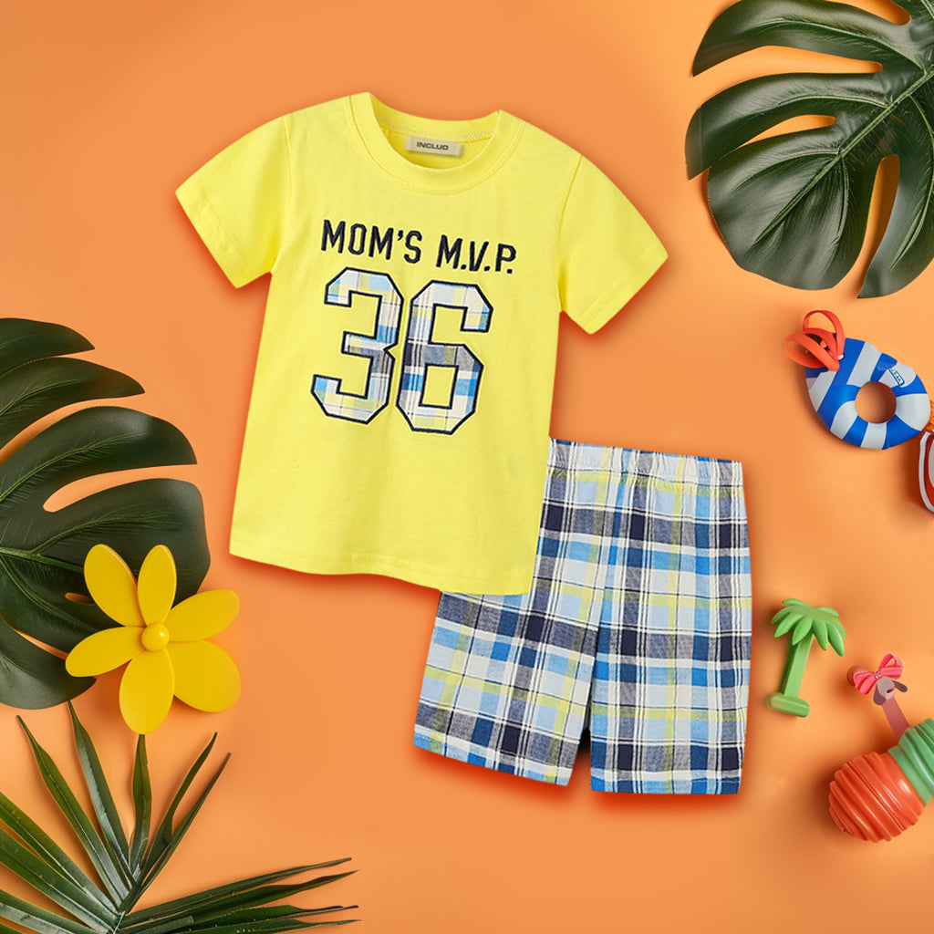 Boys Printed T-shirt with Checkered Shorts Set Sets Yellow 1-2 Y 