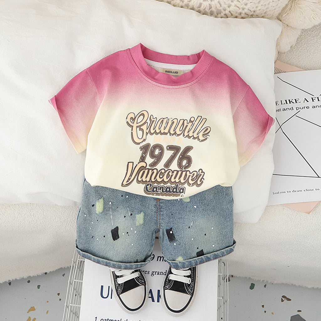Boys Pink Ombre Printed T-Shirt With Denim Shorts Set 2 pc. Sets Pink 1-2 Y