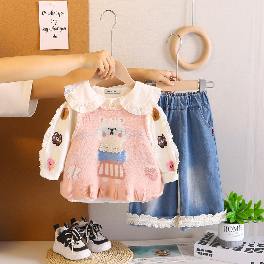 Girls Pink Embroidered Sleeveless Pullover With Top & Denim Pants Set Sets Pink 1-2 Y