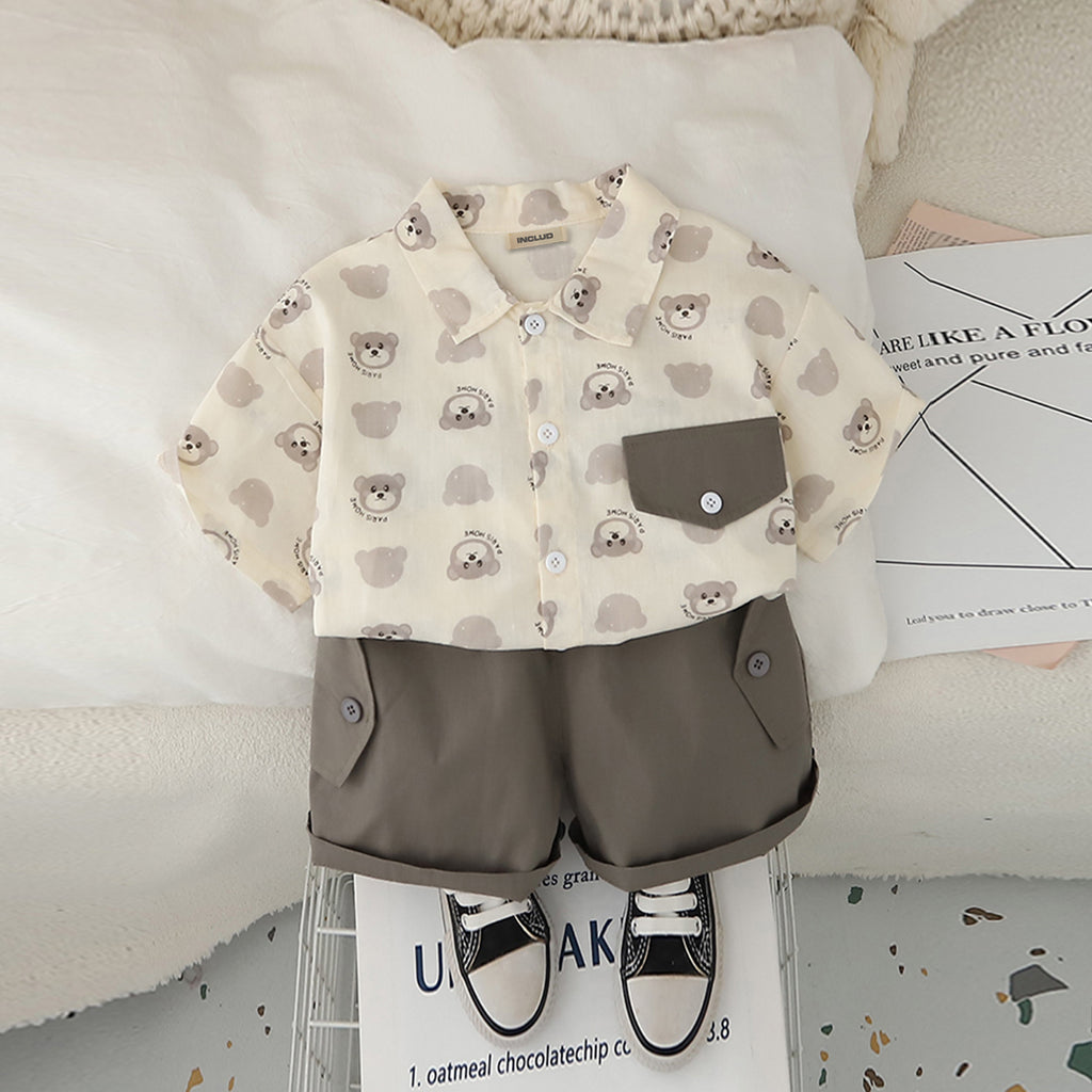 Boys Dark Grey Printed Short Sleeves Contrast Flap Shirt With Shorts Set 2 pc. Sets Dark Grey 1-2 Y
