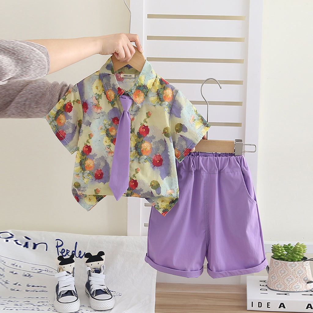 Boys Floral Printed Shirt With Purple Neck Tie And Shorts Set 3 pc. Sets Purple 1-2 Y