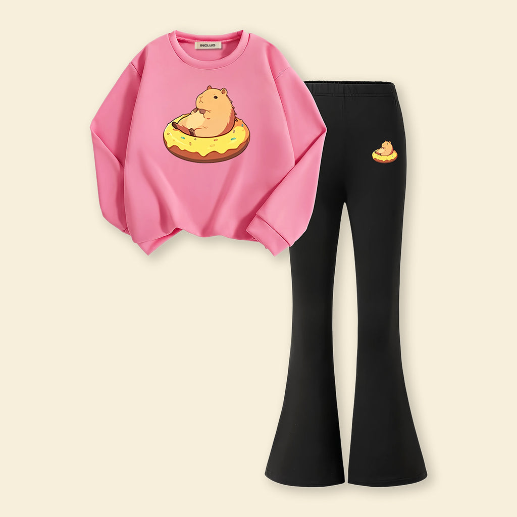 Girls Pink Graphics Sweatshirt With Pants Sets 2 pc. Sets Pink 7-8 Y