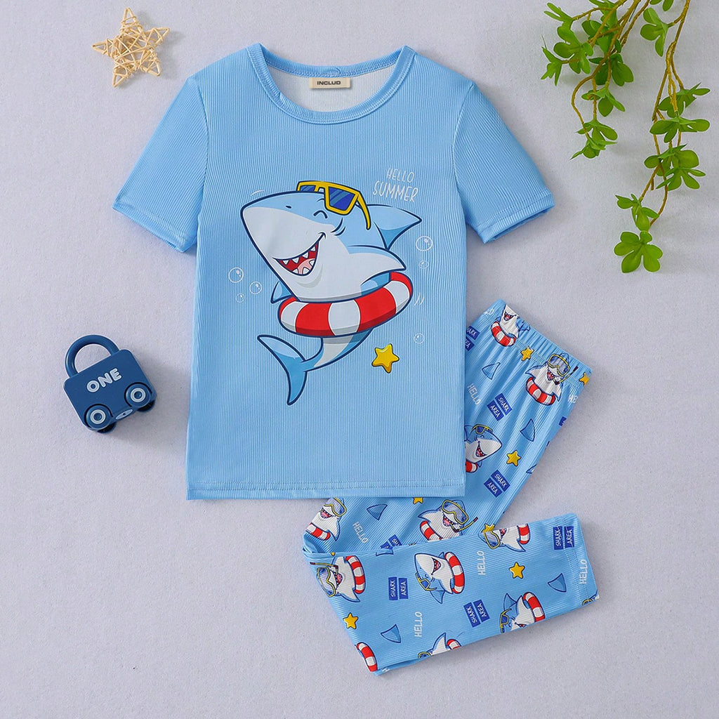 Boys Blue Shark Print T-shirt with Pajamas Set Sets Blue 3-4 Y