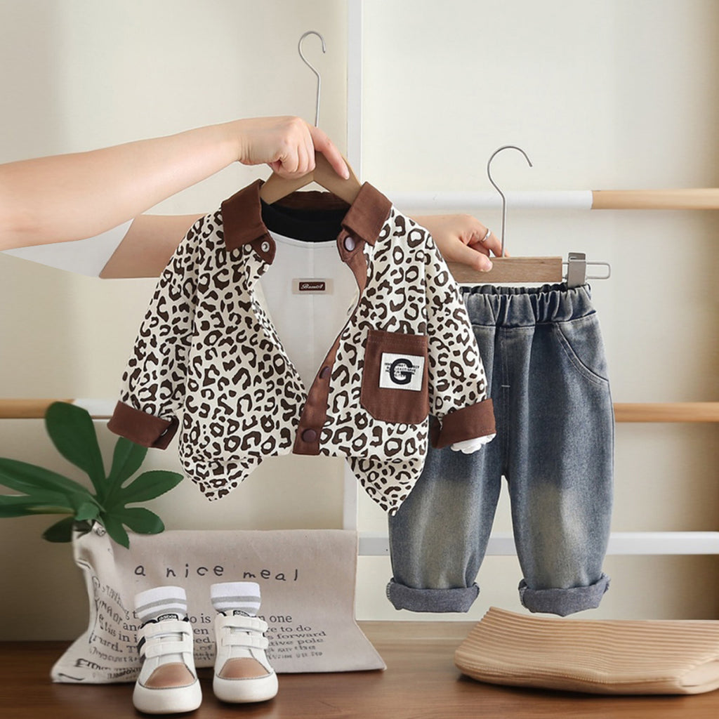 Boys Brown Animal Print Shirt With T-Shirt And Denim Trousers Sets 3 pc. Sets Brown 1-2 Y