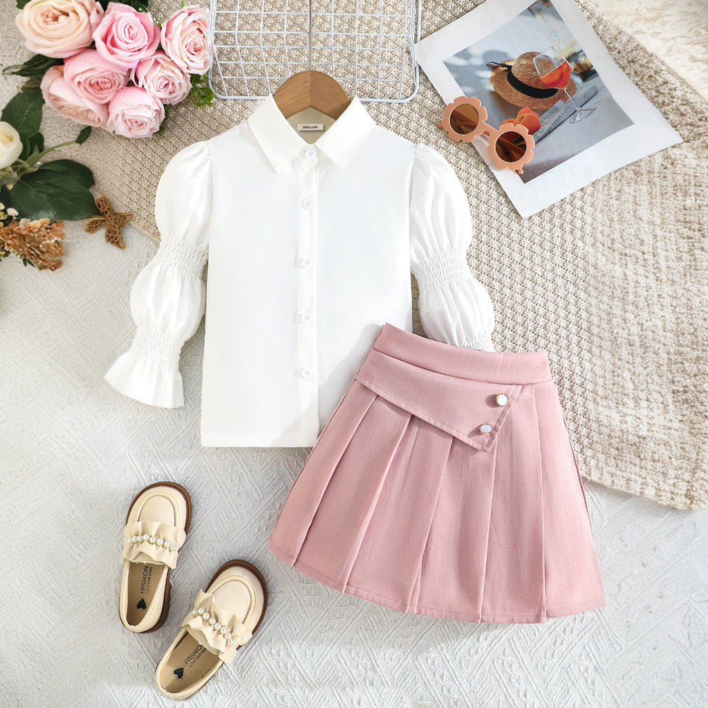 Girls White Puff Sleeves Shirt with Pleated Skirt Set Sets Pink 3-4 Y