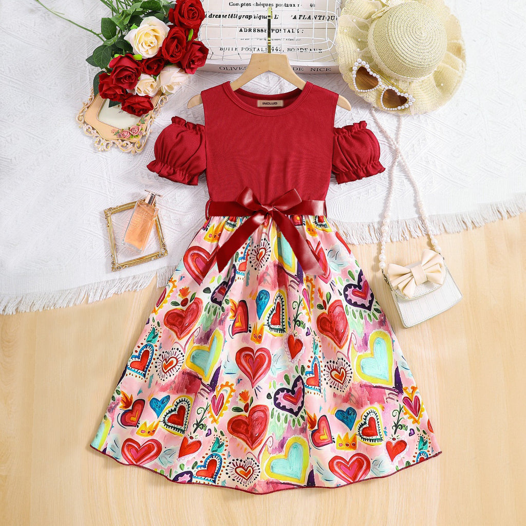 Girls Maroon Heart Printed Cold Shoulder Fit And Flared Midi Casual Dress Casual Dresses