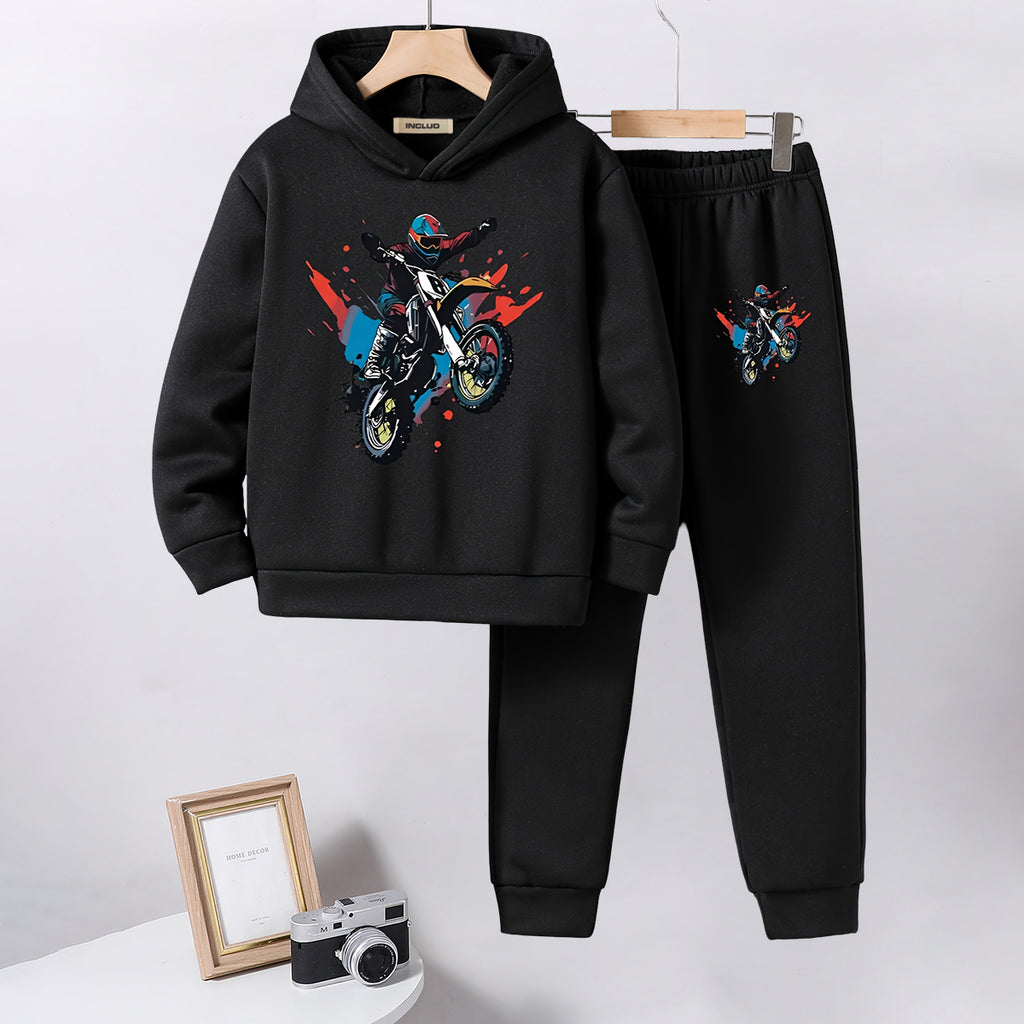 Boys Black Motorcycle Printed Hooded Sweatshirt with Joggers Set Sets Black 5-6 Y